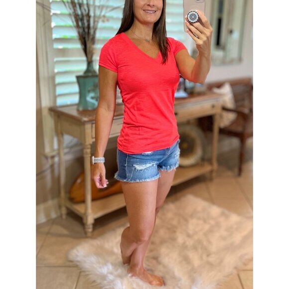Tops - ❤️‍🔥Burnout Low Cut V-Neck Cleavage Baby Slimming Tee Shirt Hot Coral 1216